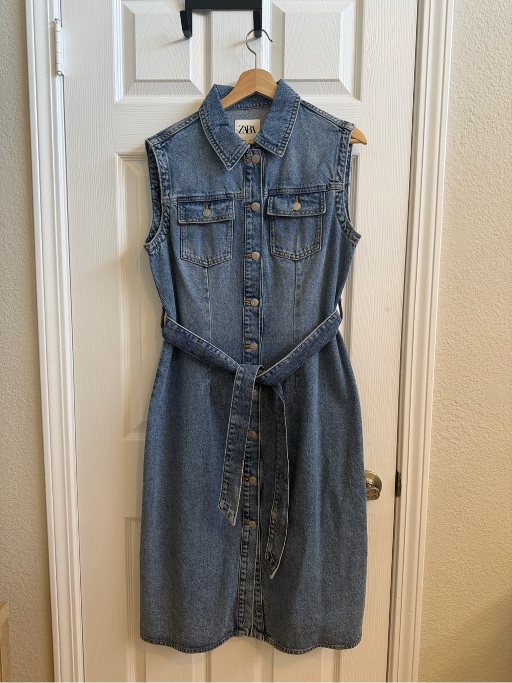 ZARA Sleeveless Denim Shirt Dress in Light Blue with Self-Tie